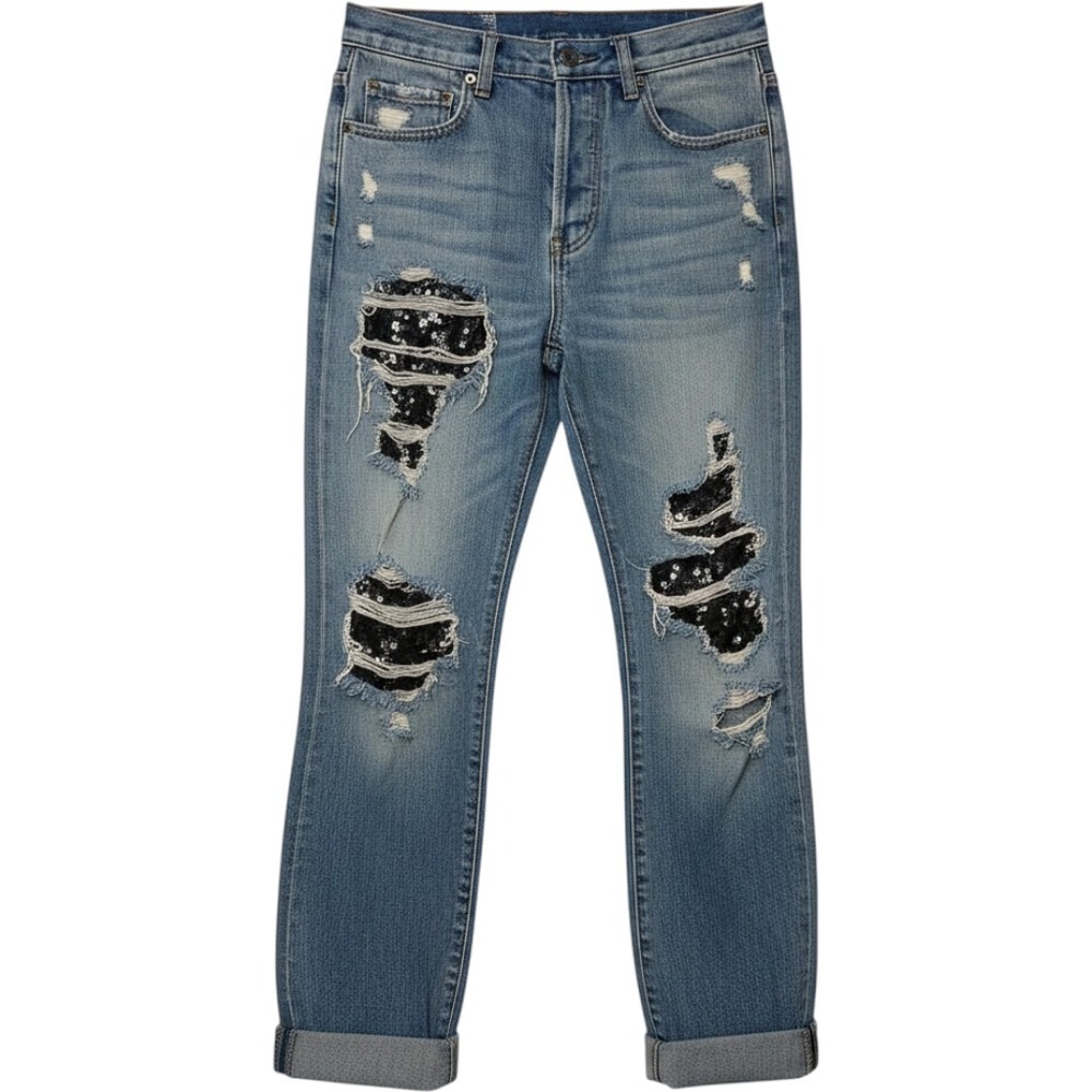 Free People Distressed‎ Sequin Patch Light Wash Straight Leg Jeans Womens 27